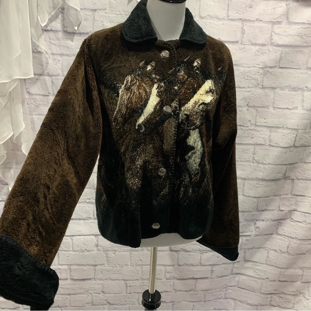 Vintage Outback Trading Fleece Front Button Jacket - Horses - Size M